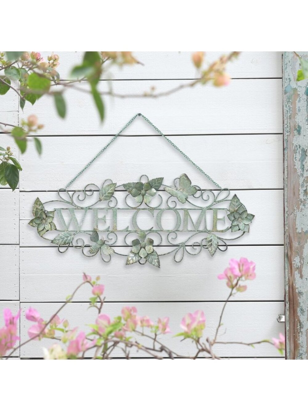 Rustic Metal Welcome Sign - Distressed Flower & Butterfly Decor for Garden